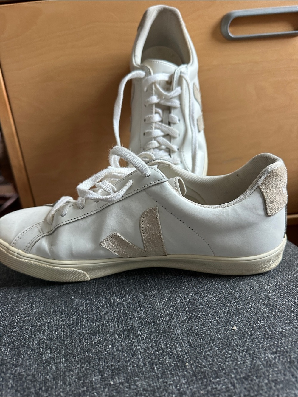 Veja White Leather Sneakers with Beige Suede V Logo